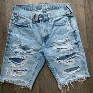 Mens American Eagle distressed jean shorts.